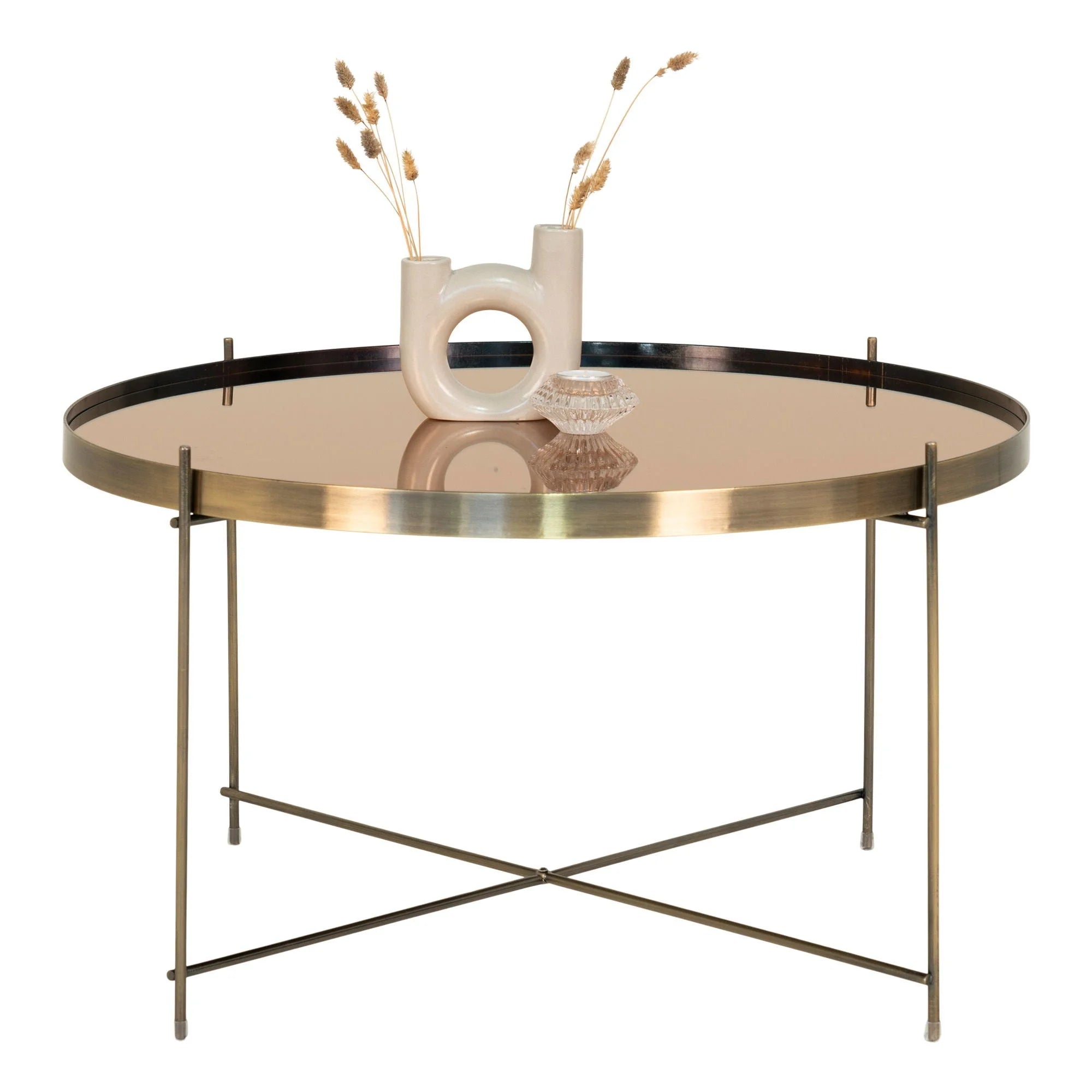 Table basse ronde en métal doré avec dessus miroir, diamètre 70 cm, hauteur 40 cm