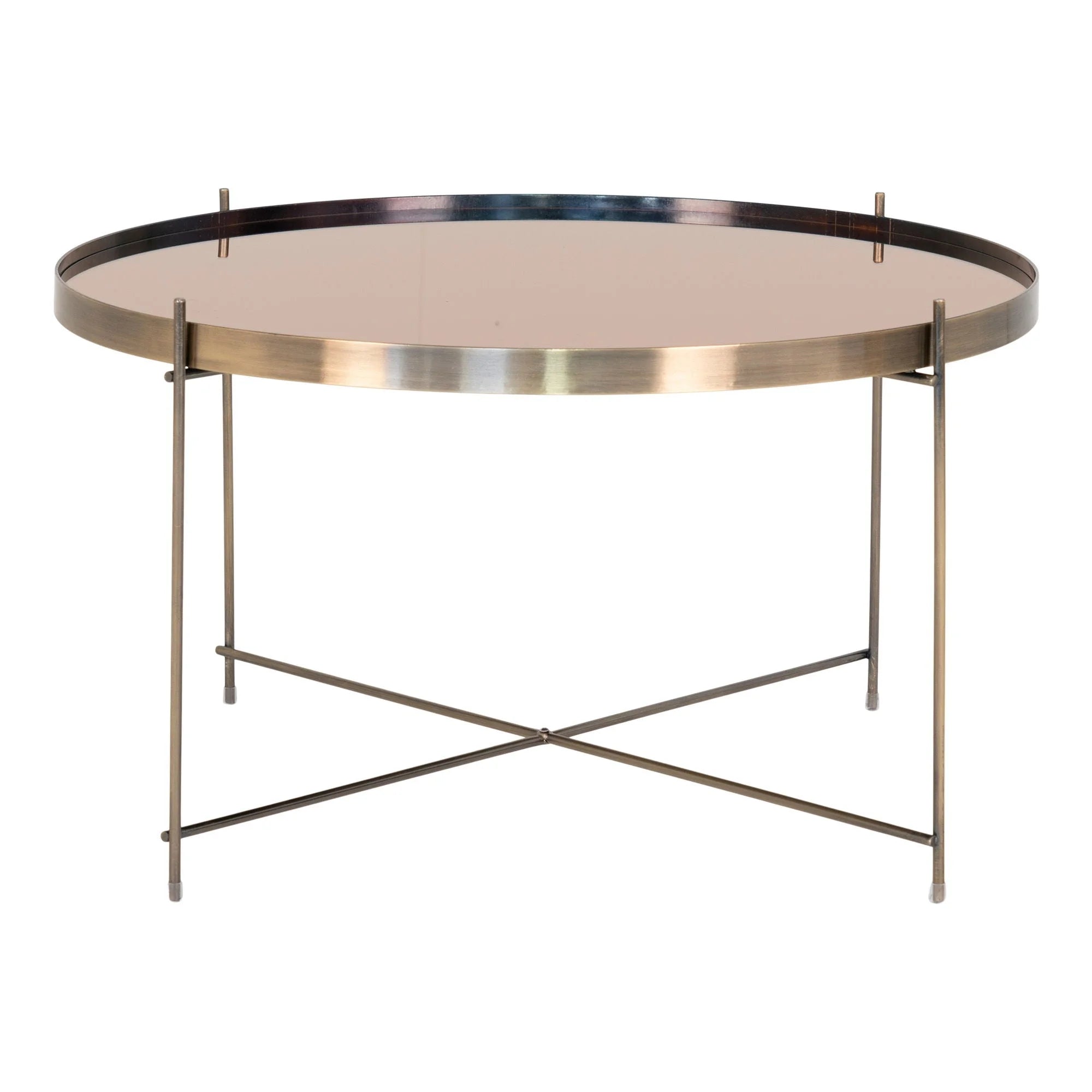 Table basse ronde en métal doré avec miroir, diamètre 70 cm, hauteur 40 cm