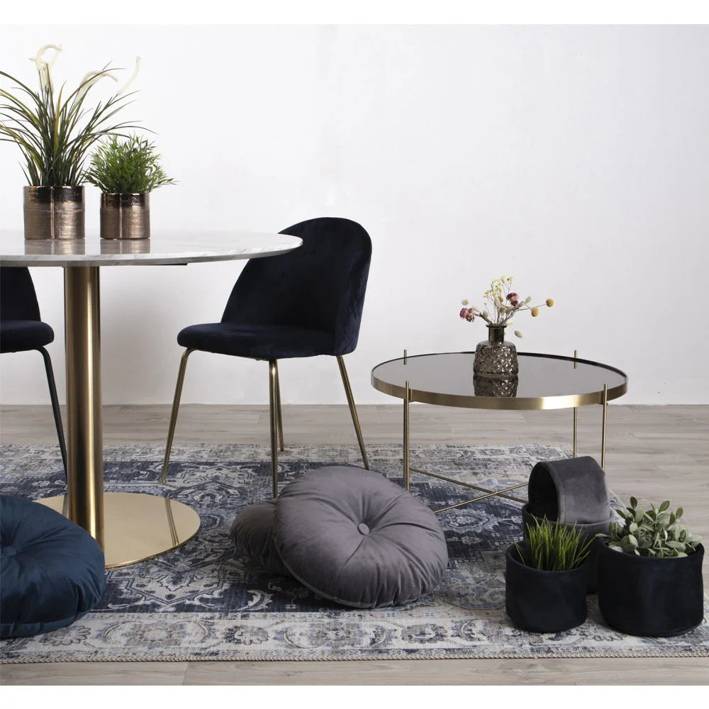 Table basse ronde en métal doré et miroir avec set de salle à manger en velours