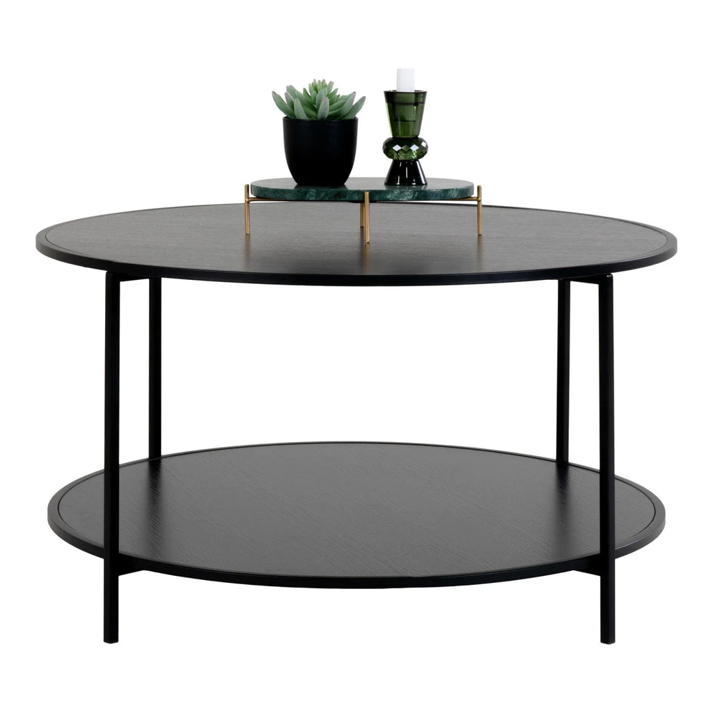 Table basse ronde noire en acier et bois Ø80 cm avec marbre vert