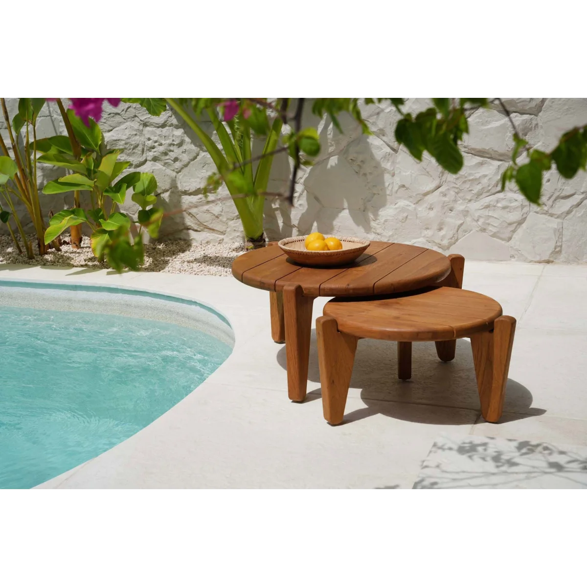 Table basse ronde en teck recyclé pour extérieur naturel – Ø70 cm