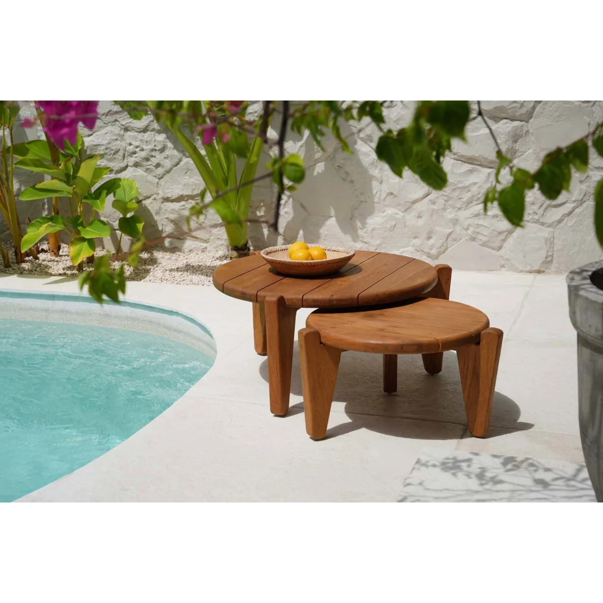 Table basse ronde en teck recyclé naturel pour jardin ou terrasse – Ø50 cm