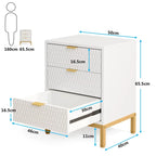 Dimensions de la table de chevet blanche à 3 tiroirs, avec détails sur les mesures et la structure.