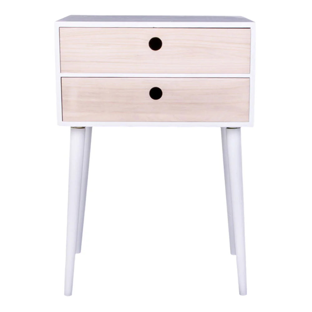 Table de chevet blanche en bois avec deux tiroirs, dimensions 45x32 cm