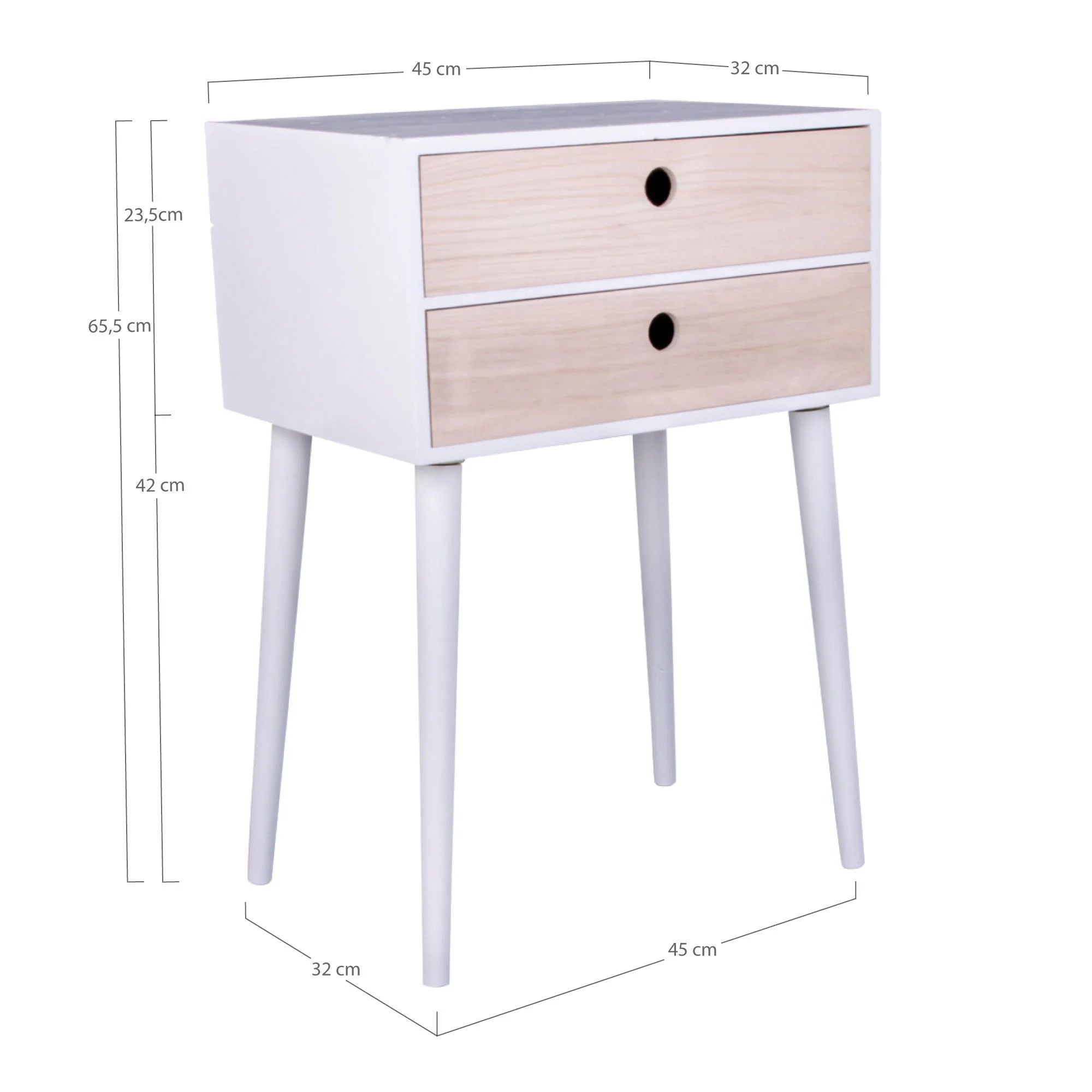 Table de chevet blanche en bois avec 2 tiroirs et pieds coniques élégants