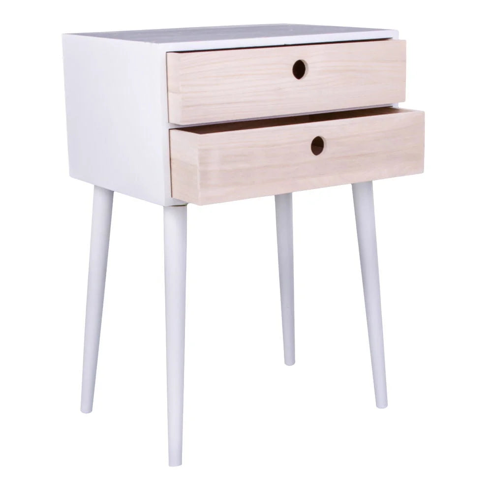 Table de chevet blanche en bois avec deux tiroirs, dimensions 45x32 cm