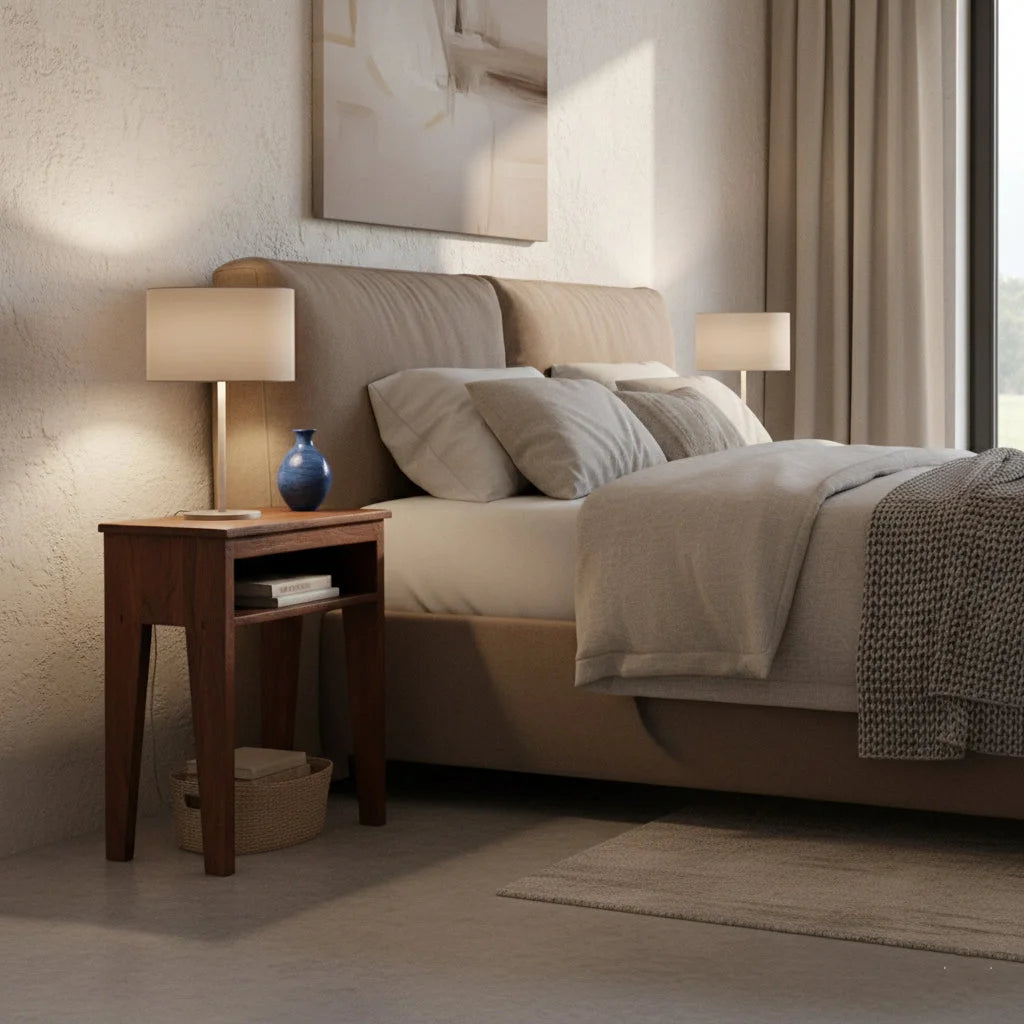 Lit beige capitonné avec têtière rembourrée et coussins assortis