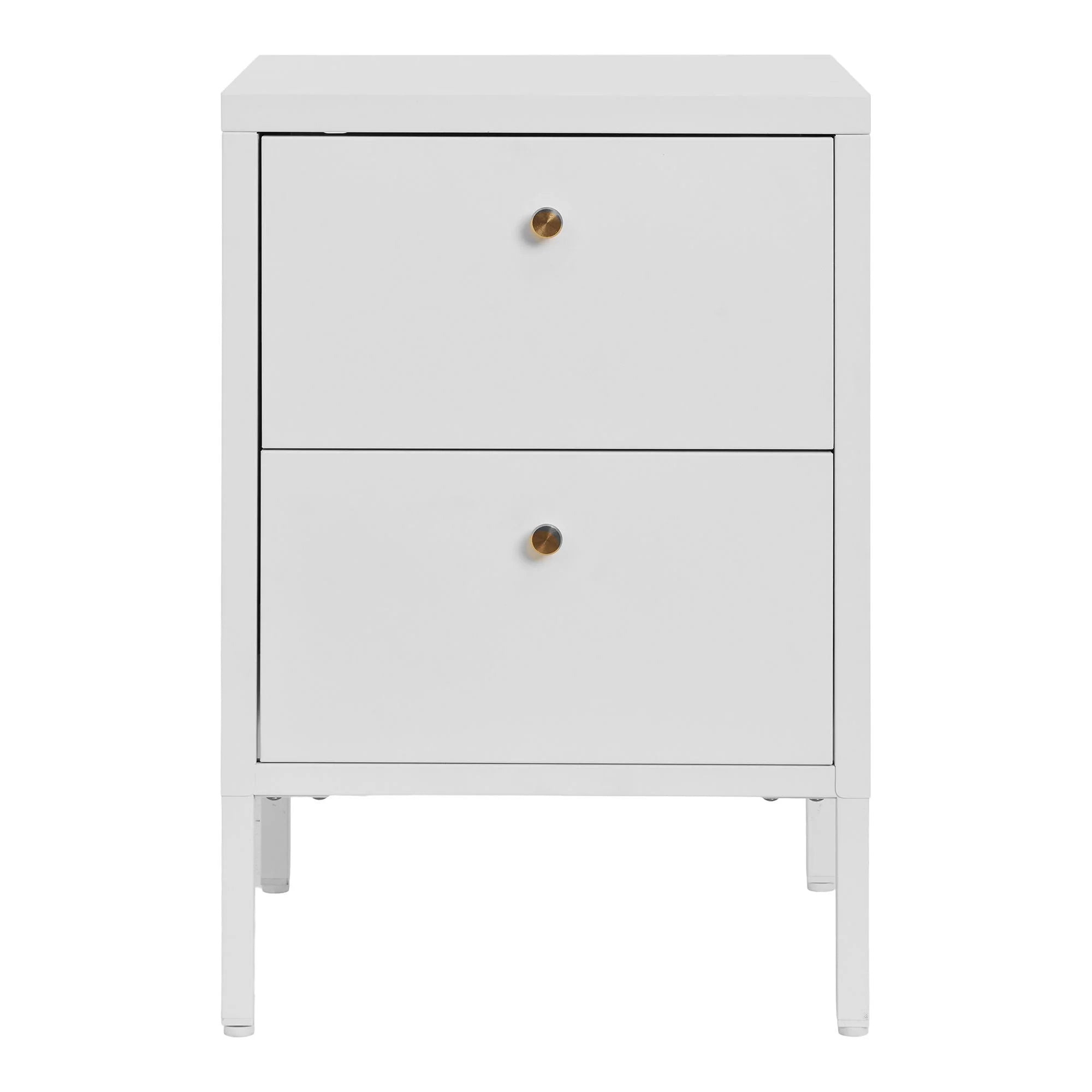Table de chevet en métal blanc à deux tiroirs avec boutons dorés, dimensions 40x40 cm