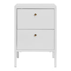 Table de chevet en métal blanc à deux tiroirs, boutons dorés, 40x40 cm