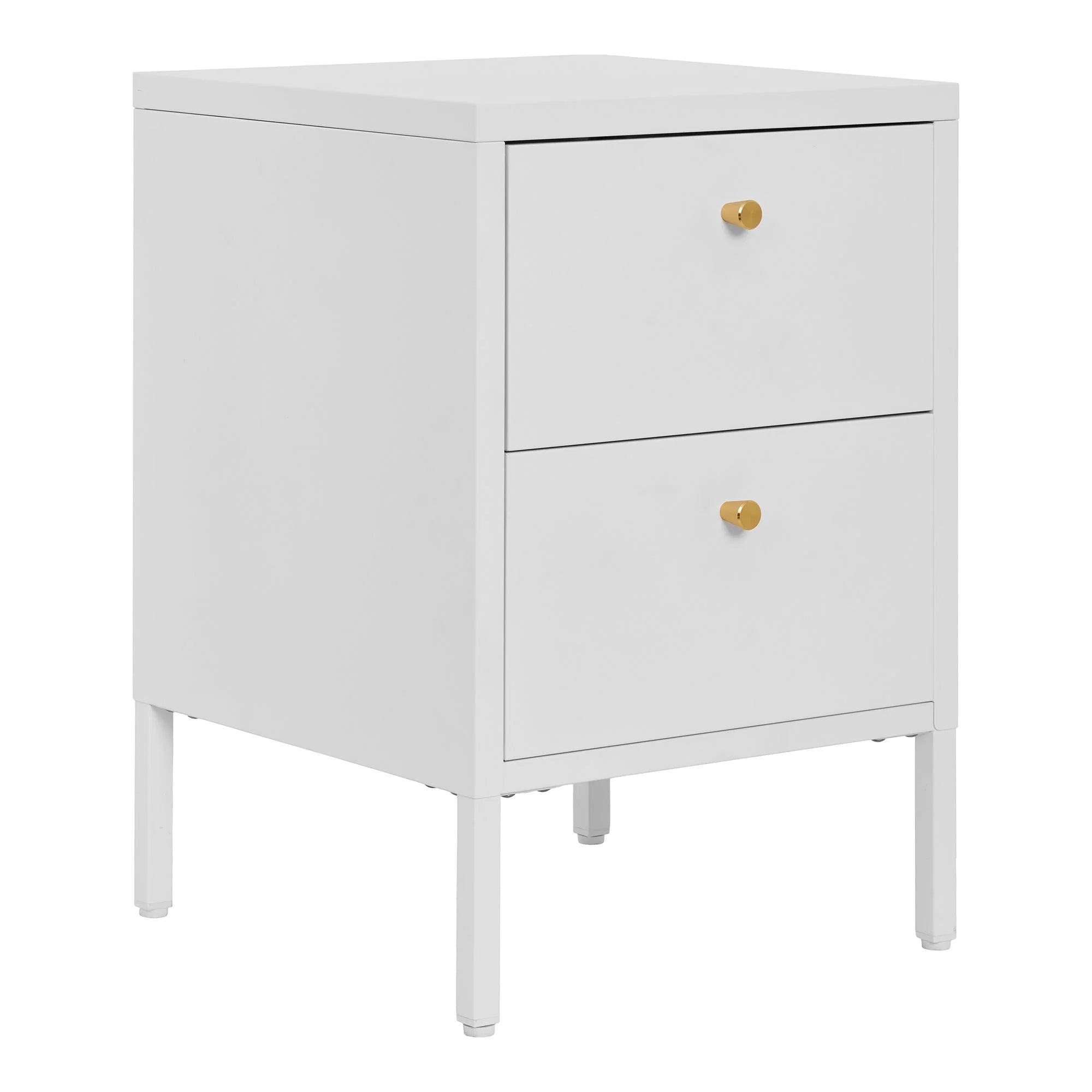 Table de chevet en métal blanc avec deux tiroirs, boutons dorés, pieds courts