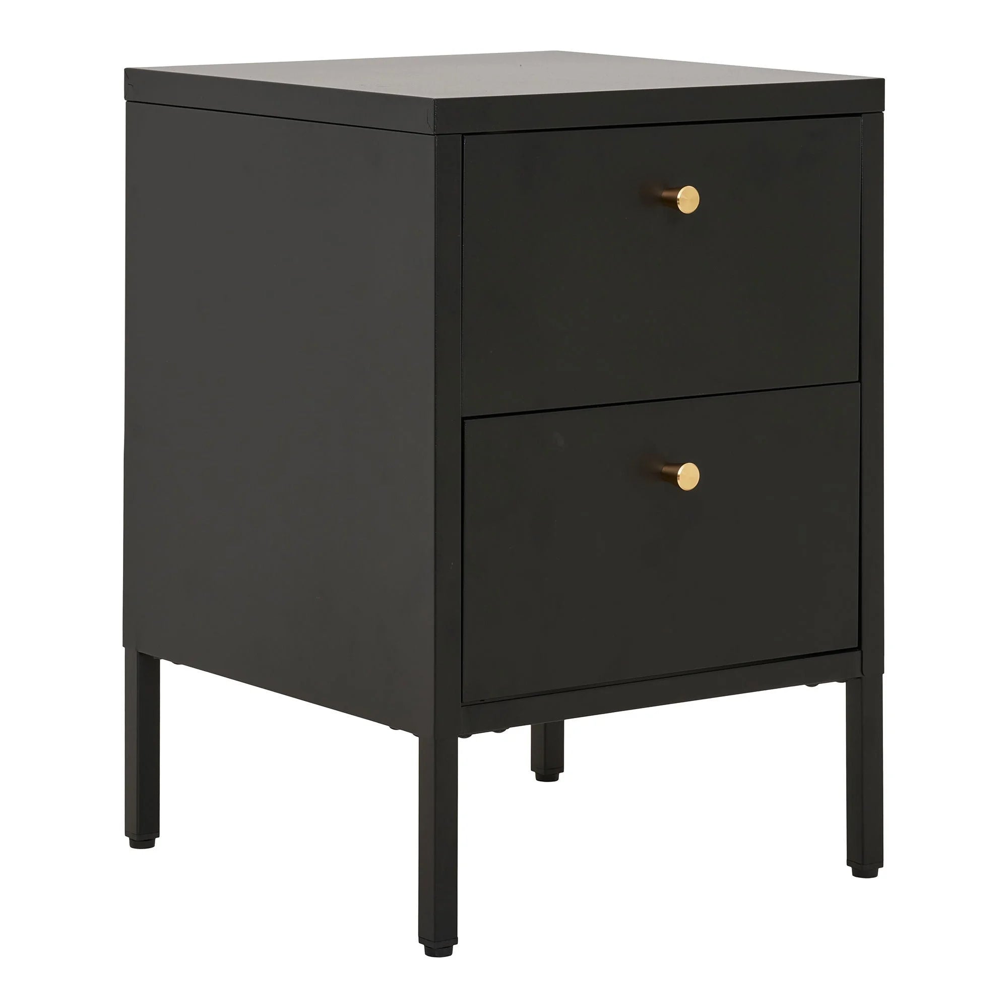 Table de chevet métal noir mat avec poignées dorées et 2 tiroirs 40x40 cm