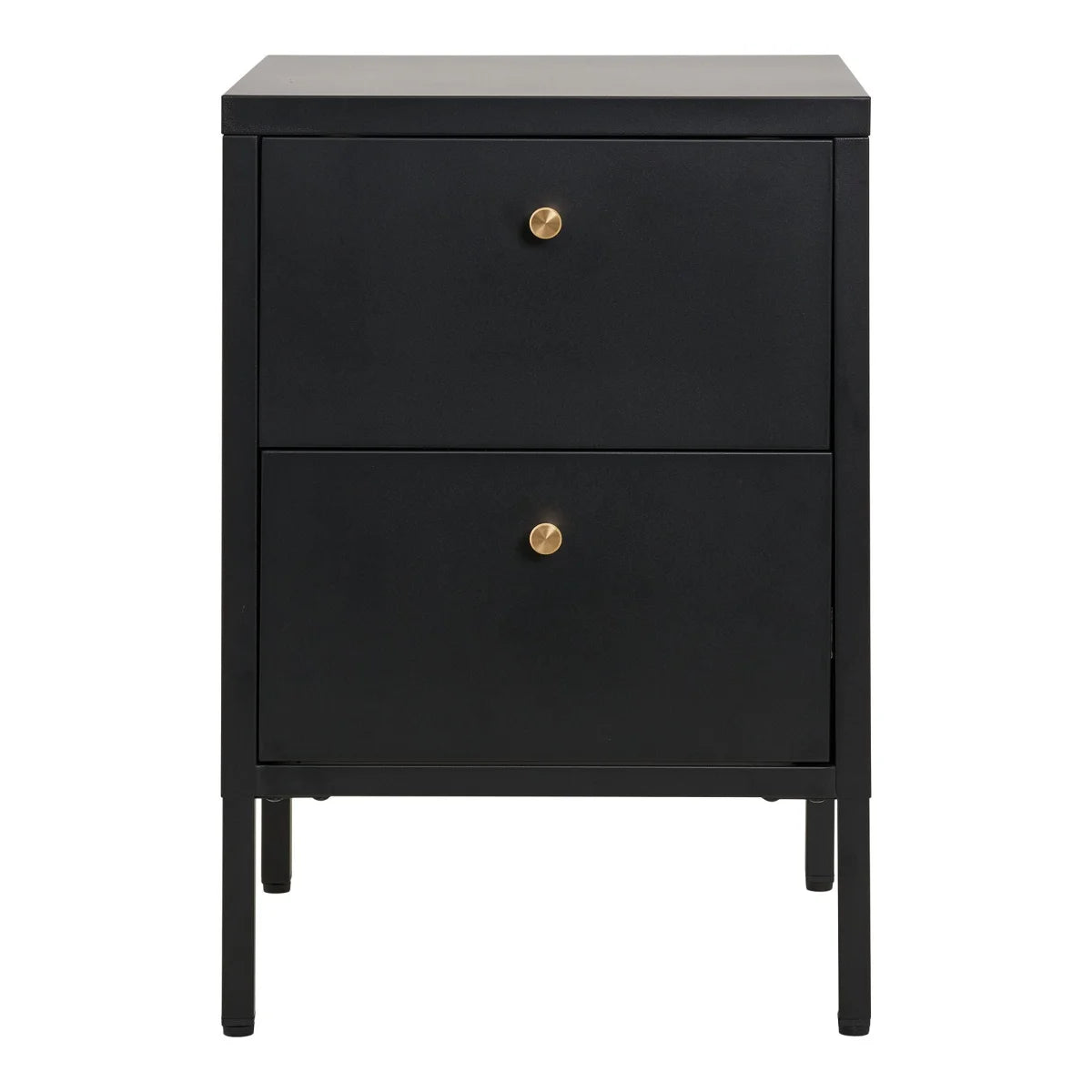 Table de chevet métal noir mat 2 tiroirs poignées dorées 40x40 cm