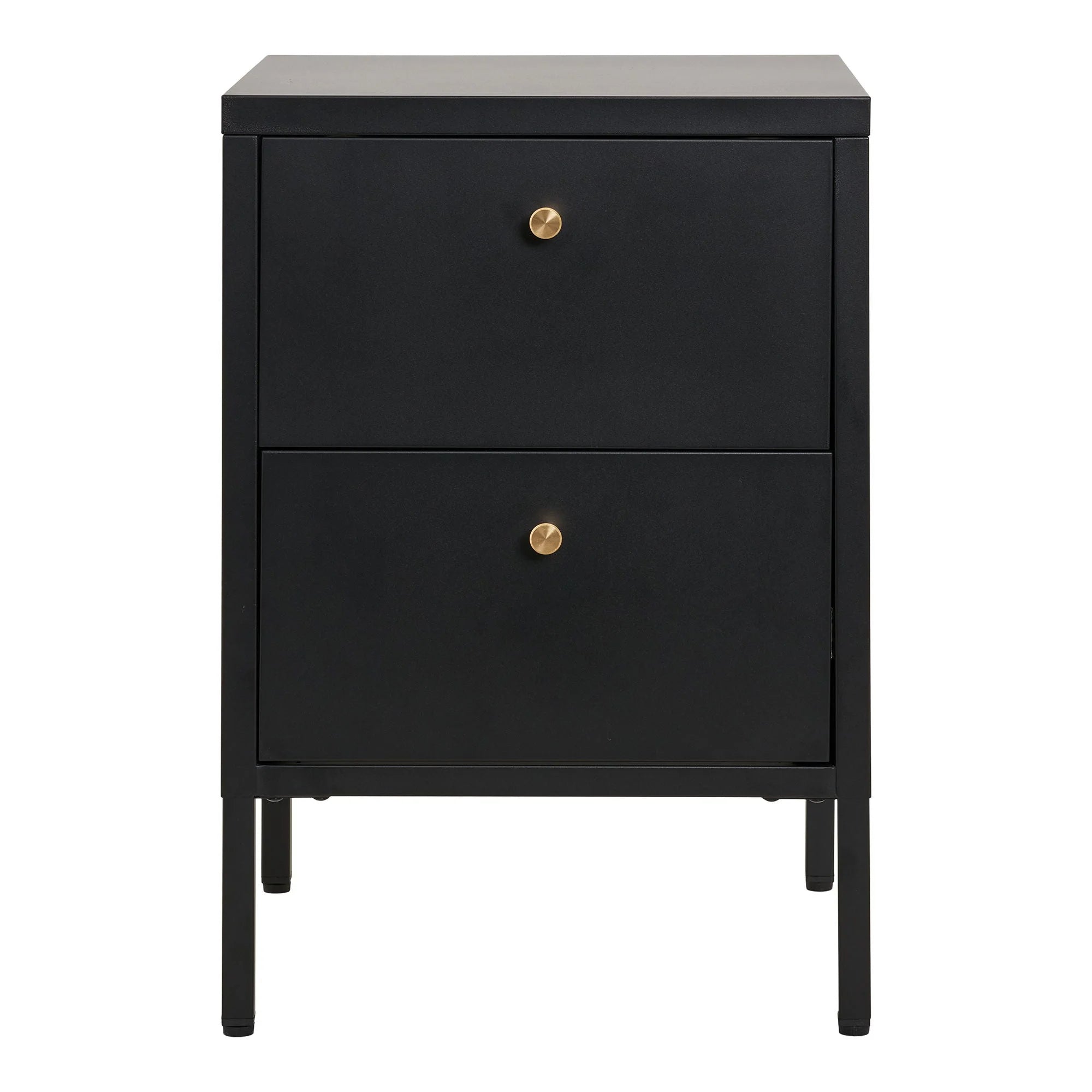 Table de chevet métal noir mat avec poignées dorées et deux tiroirs 40x40 cm