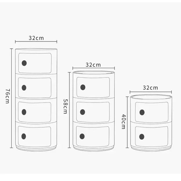 Schéma des dimensions de la table de chevet minimaliste avec options de 2, 3 et 4 tiroirs.