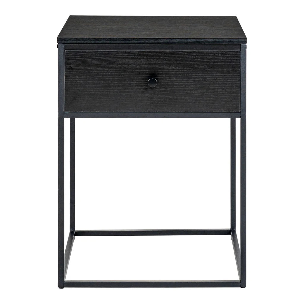 Table de chevet noire en acier et MDF avec tiroir, dimensions 40x55 cm