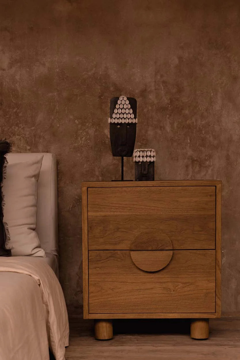 Table de chevet teck massif 2 tiroirs poignées circulaires 50x40 cm