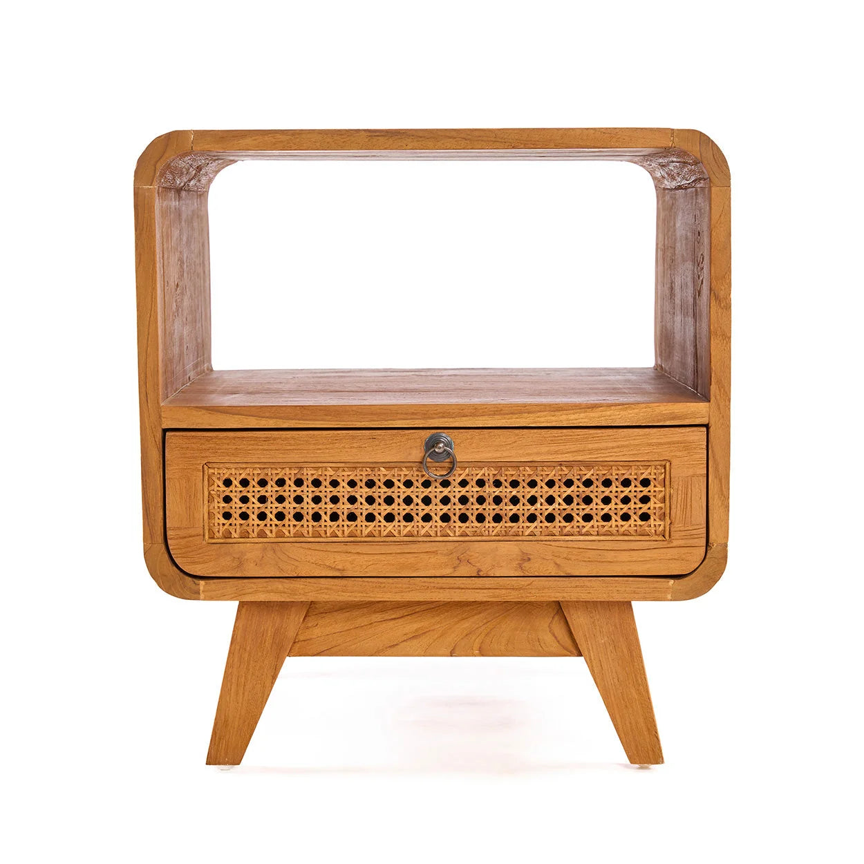 Table de chevet vintage en teck clair et rotin 50x50 cm