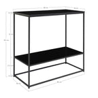 Table console noire à deux étages en métal avec étagères en verre – 80x36 cm