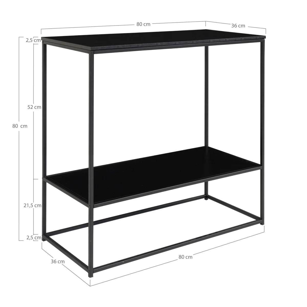 Table console noire à deux étages en métal avec étagères en verre – 80x36 cm