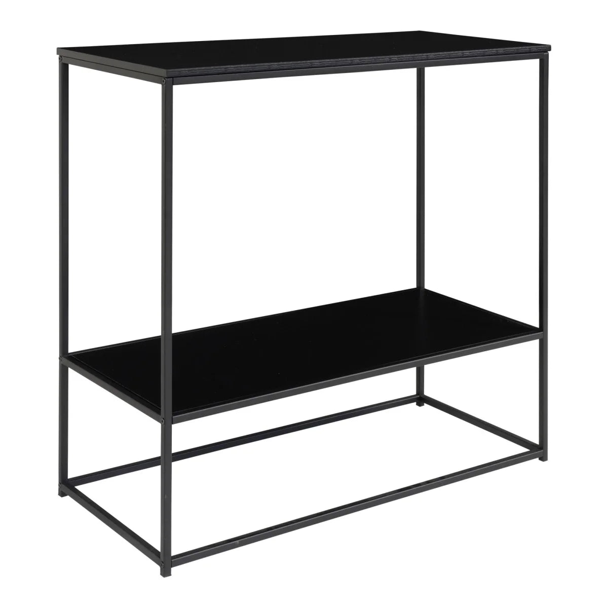 Table console noire en métal avec deux étagères, design minimaliste 80x36 cm