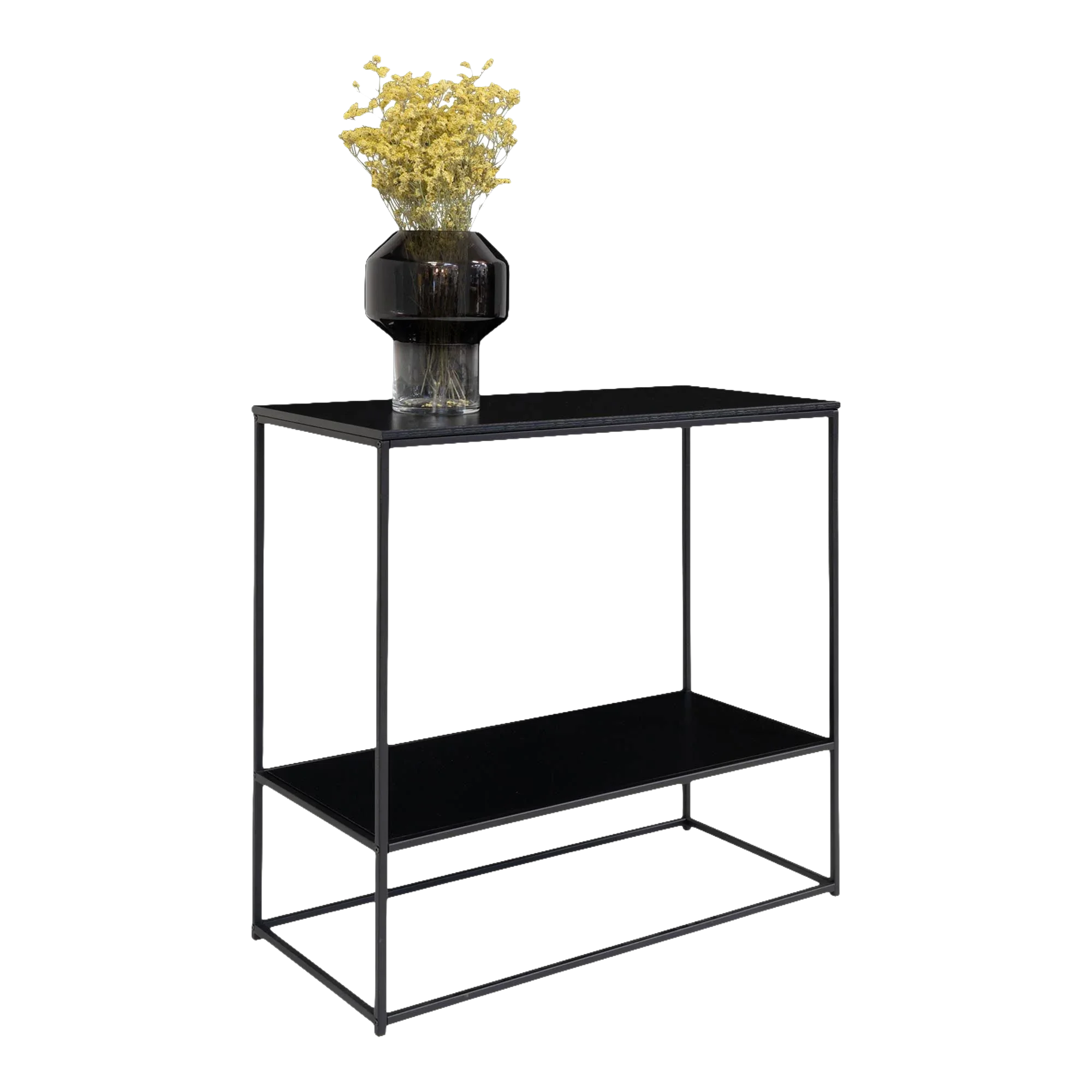 Table console noire en métal avec vase et fleurs, dimensions 80x36 cm