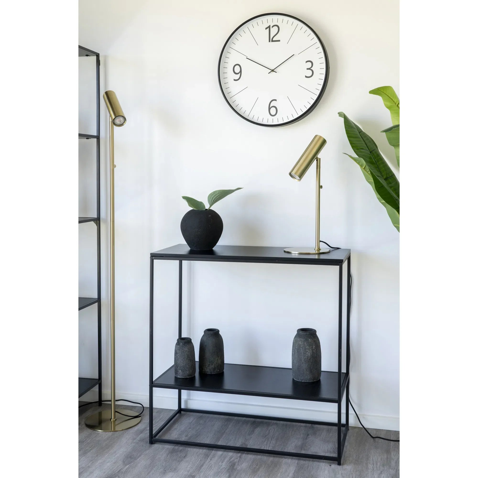 Table console noire en métal avec étagères rectangulaires 80x36 cm