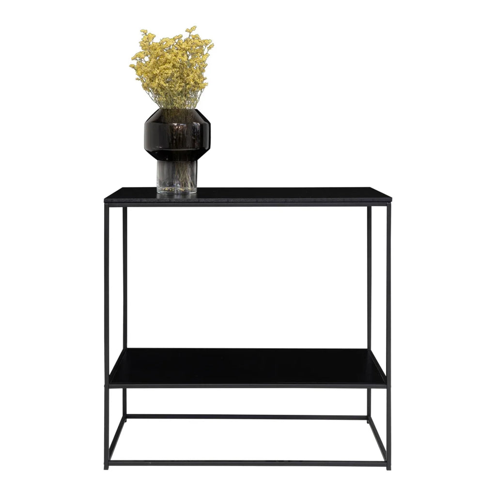 Table console noire en métal avec étagères rectangulaires, 80x36 cm