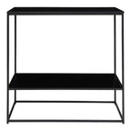 Table console noire en métal avec étagères, verre noir, 80x36 cm