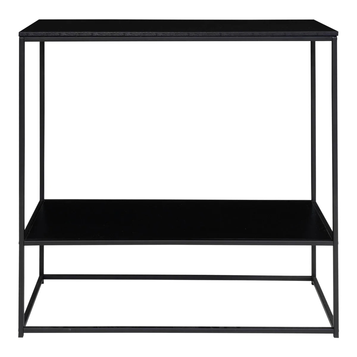 Table console noire en métal avec étagères, verre noir, 80x36 cm