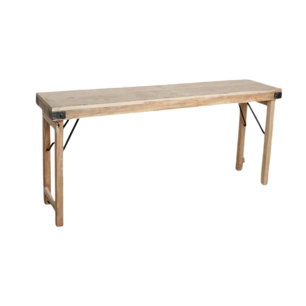 Table console pliante en bois recyclé clair 170x40 cm ferrures noires