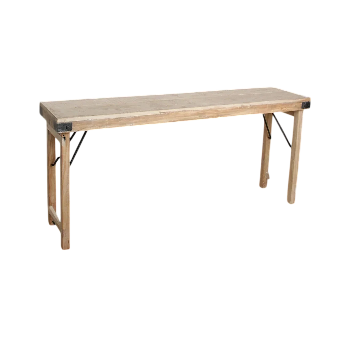 Table console pliante en bois recyclé clair 170x40 cm ferrures noires