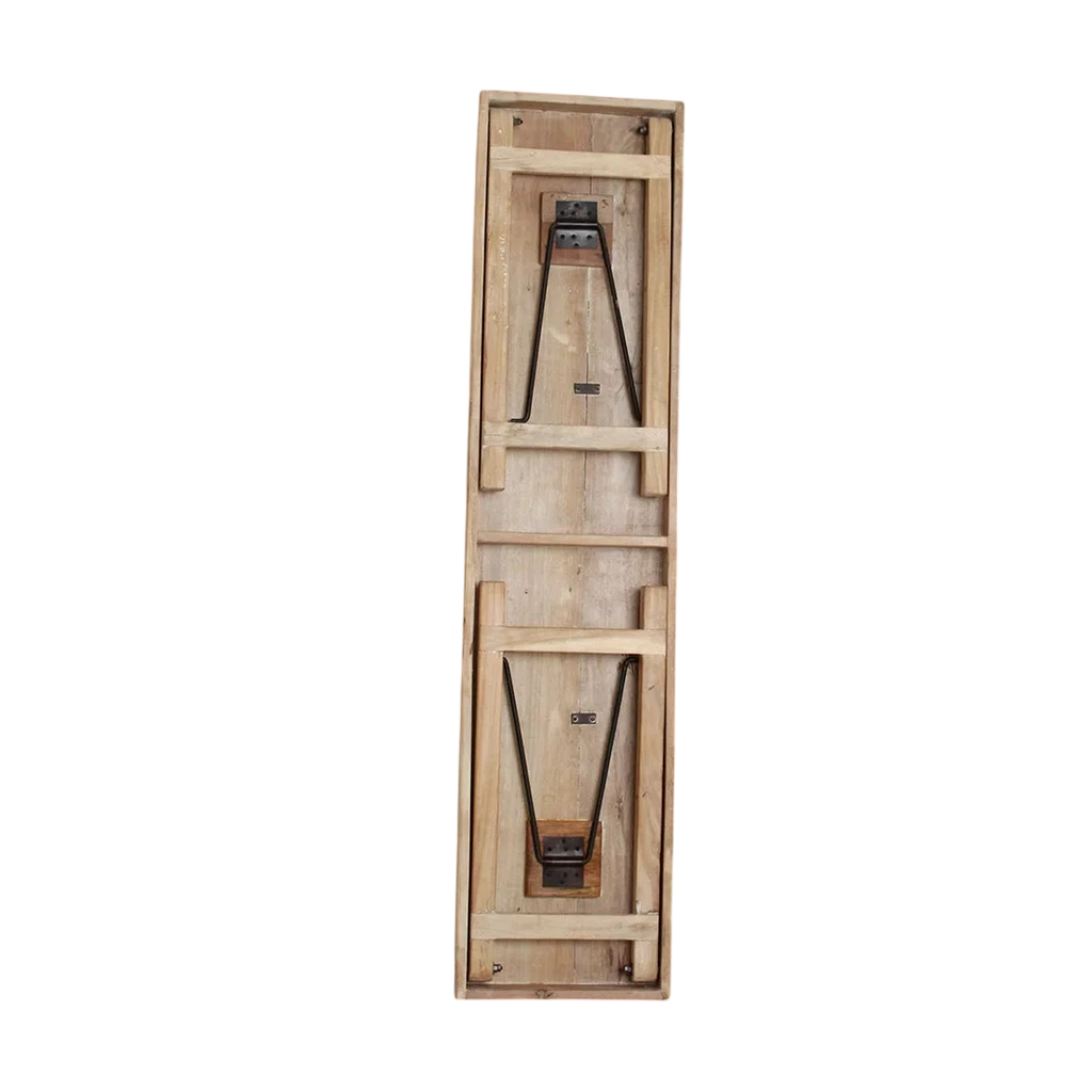 Console pliante en bois recyclé clair avec ferrures noires, 170x40 cm