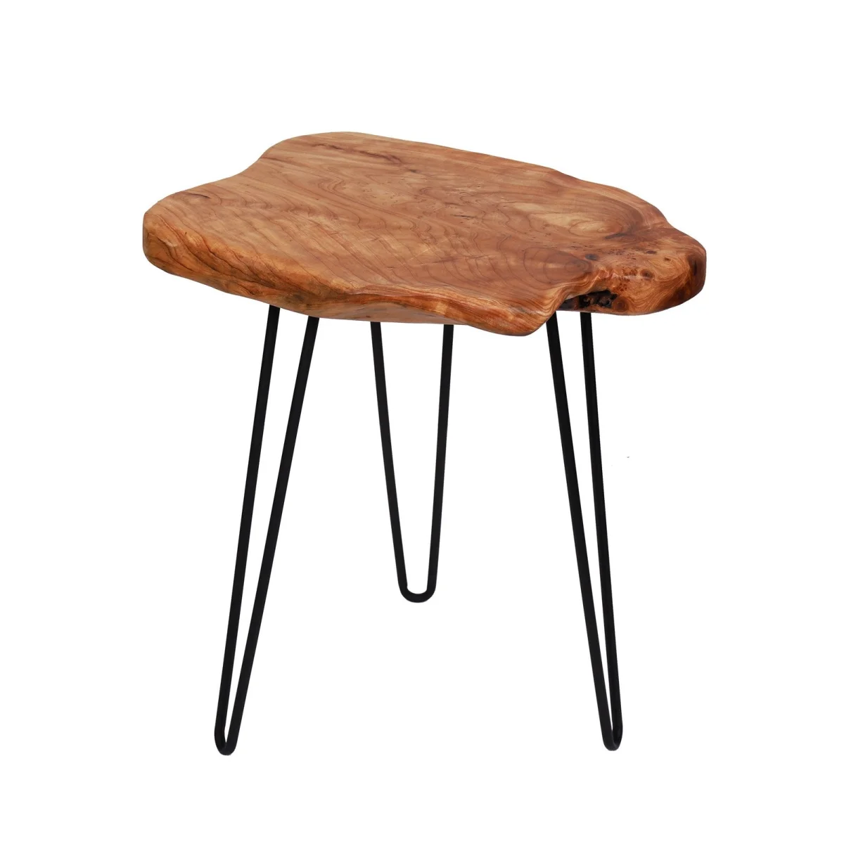 Table d’appoint en bois naturel avec bord irrégulier et pieds métal noir Ø45 cm