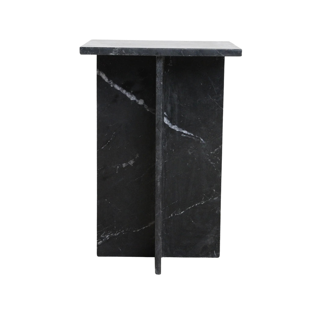Table d’appoint carrée en marbre noir veiné avec piètement croisé sculptural