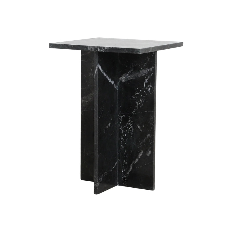 Table d’appoint carrée en marbre noir veiné piètement croisé sculptural