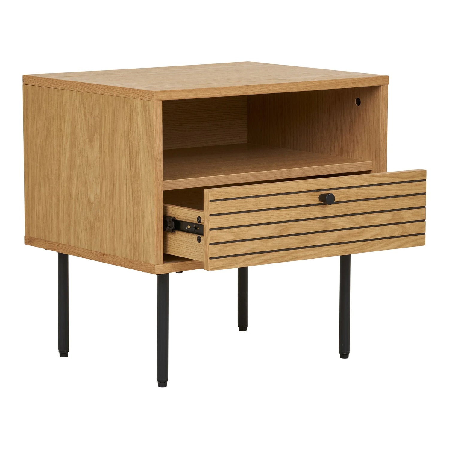 Table d’appoint en chêne avec tiroir et pieds métal noir
