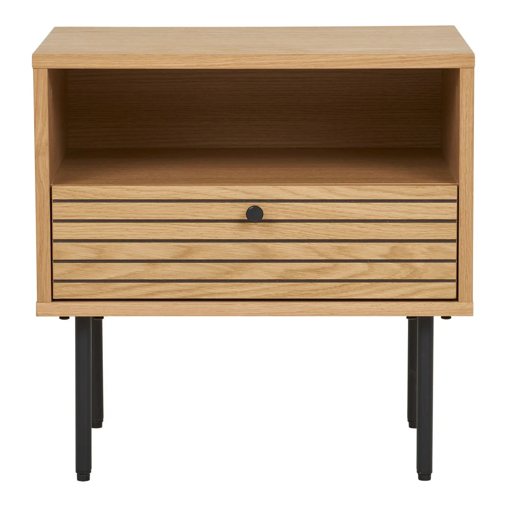 Table d’appoint en chêne avec tiroir et pieds métal noir