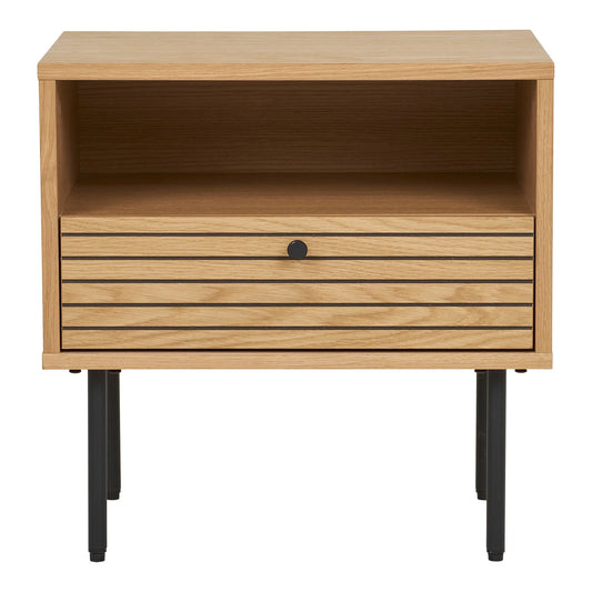 Table d’appoint en chêne avec tiroir et pieds métal noir