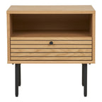 Table d’appoint moderne en chêne avec tiroir et pieds métal noir