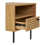 Table d’appoint en chêne clair avec tiroir à lattes noires et pieds métal noir