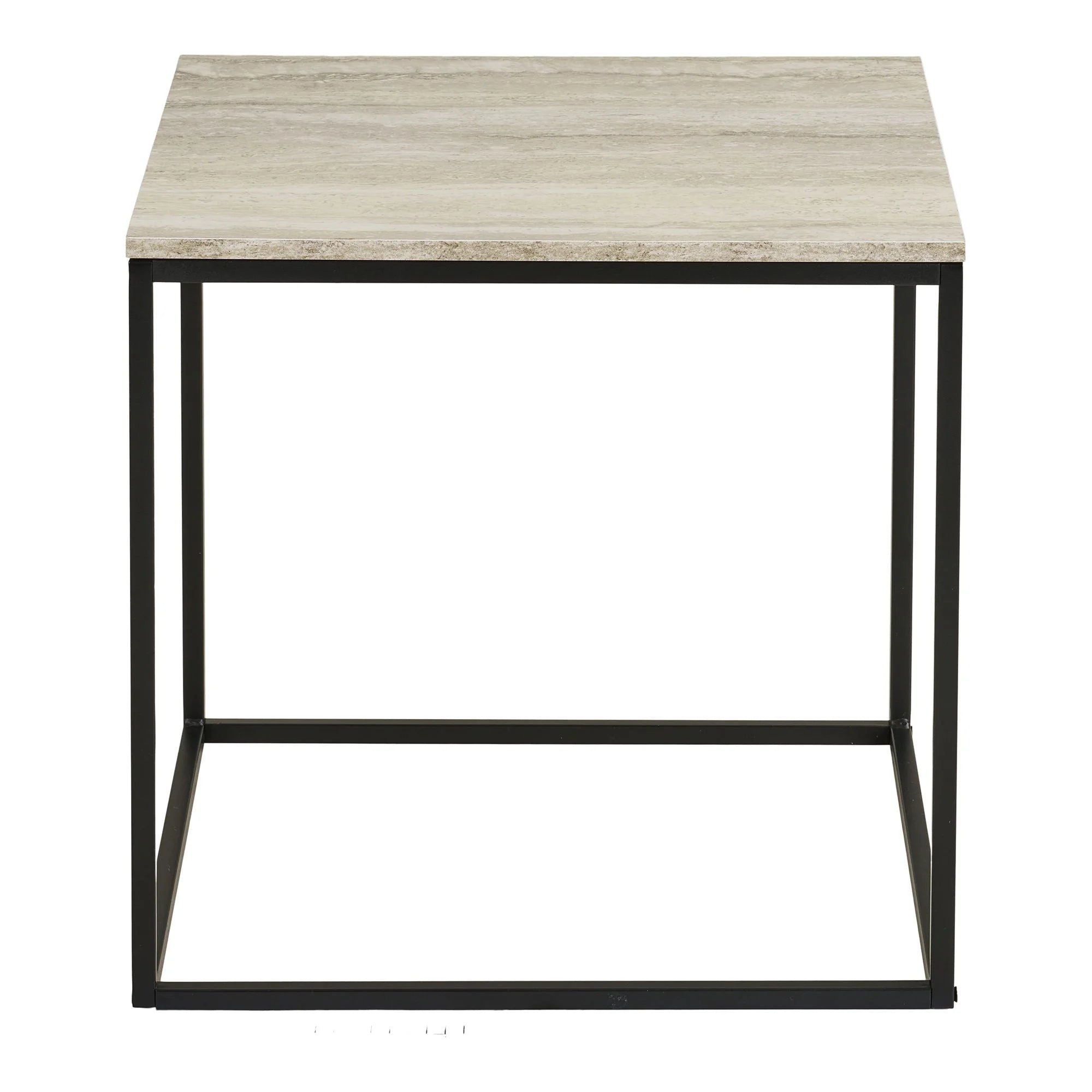 Table d’appoint carré avec plateau effet travertin et cadre en métal noir