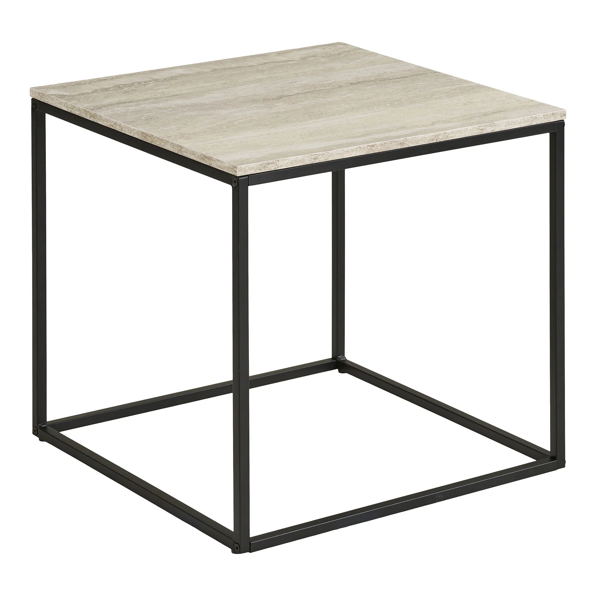 Table d’appoint carré avec plateau en effet travertin et cadre en métal noir