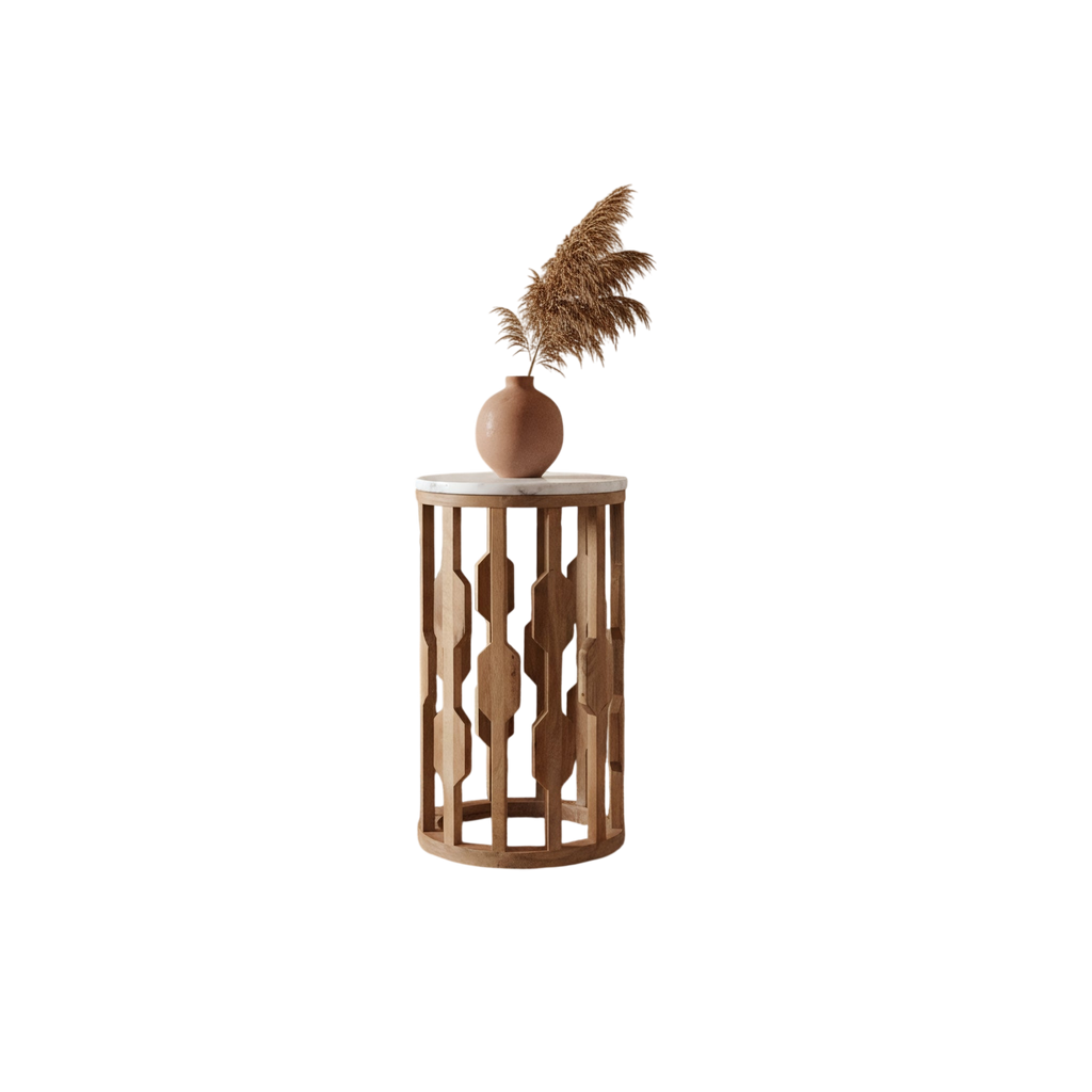 Table d’appoint marbre blanc et bois sculpté ajouré – Ø40 cm