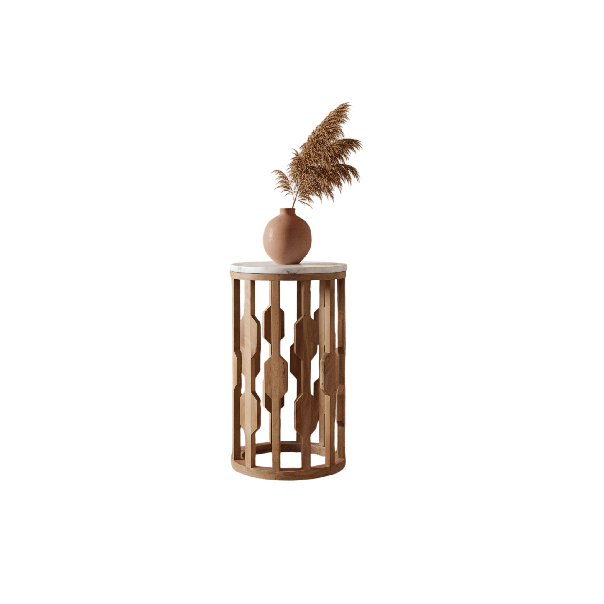 Table d’appoint marbre blanc et bois sculpté ajouré – Ø40 cm