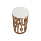 Table d’appoint marbre blanc et bois sculpté ajouré – Ø40 cm