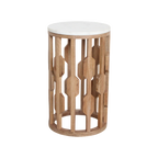 Table d’appoint cylindrique en bois sculpté ajouré avec top marbre blanc – Ø40 cm