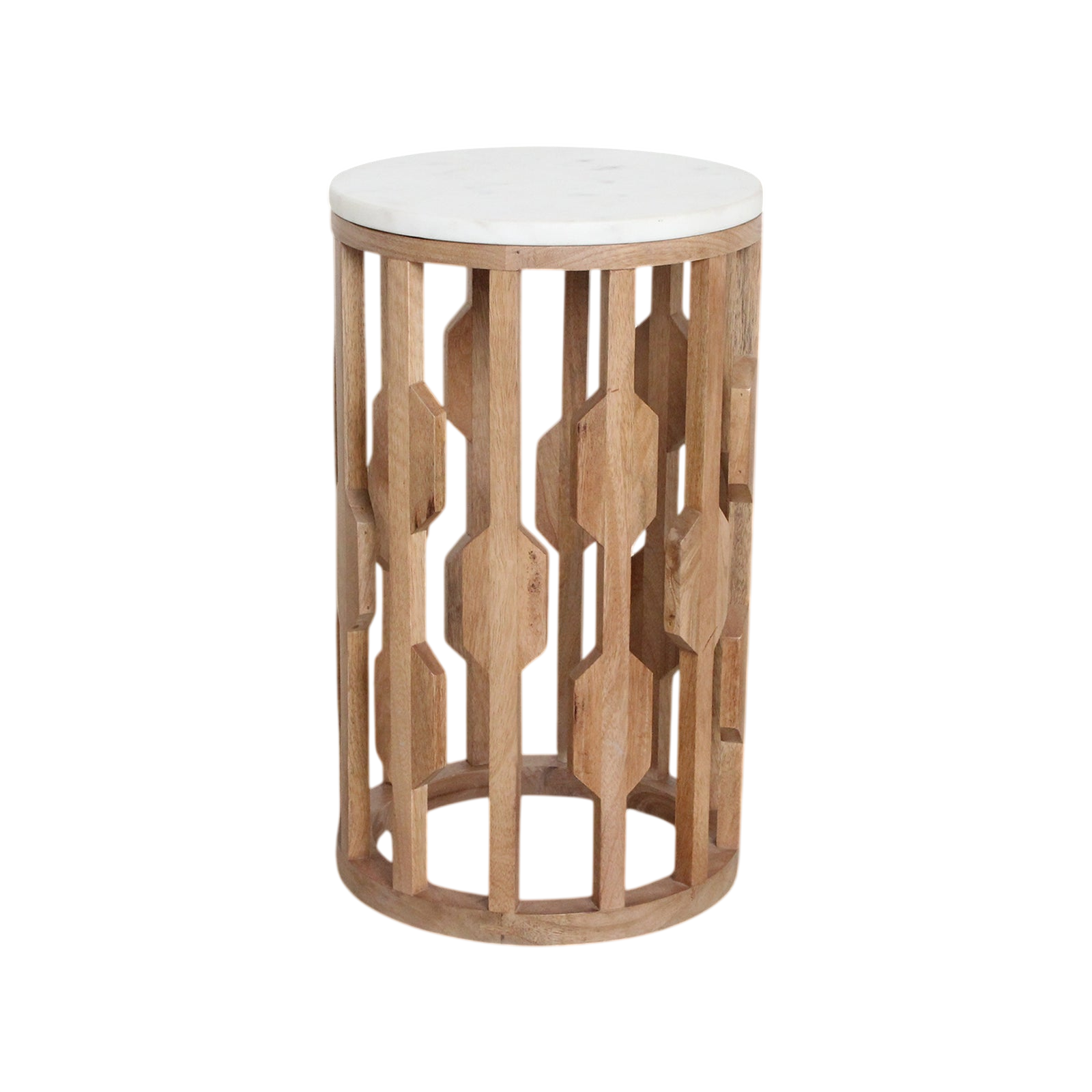 Table d’appoint cylindrique en bois sculpté ajouré avec top marbre blanc – Ø40 cm