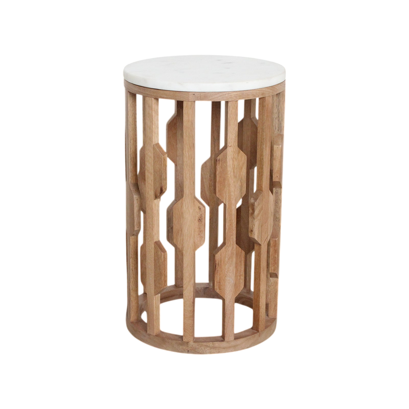 Table d’appoint marbre blanc et bois sculpté ajouré – Ø40 cm