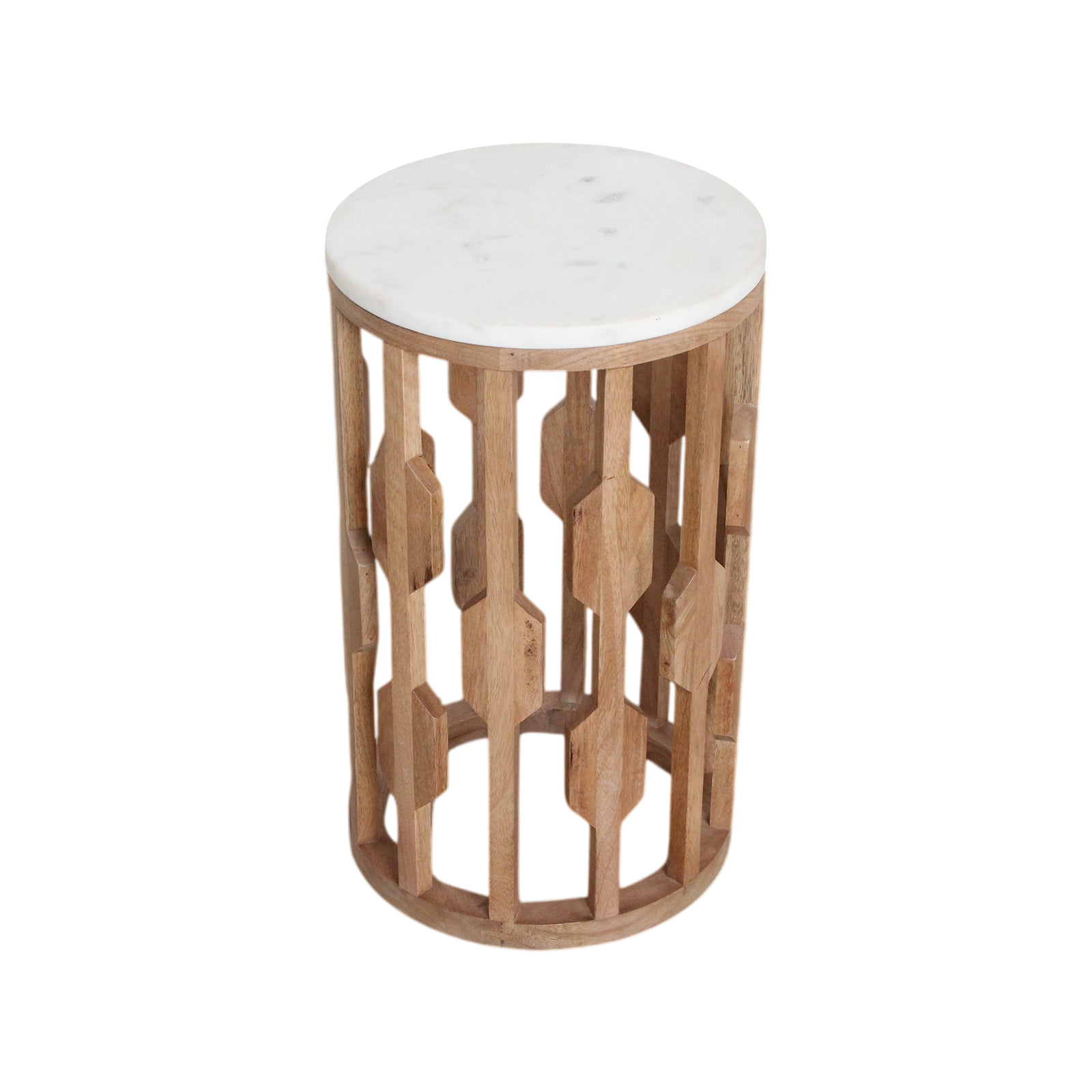 Table d’appoint marbre blanc et bois sculpté ajouré – Ø40 cm