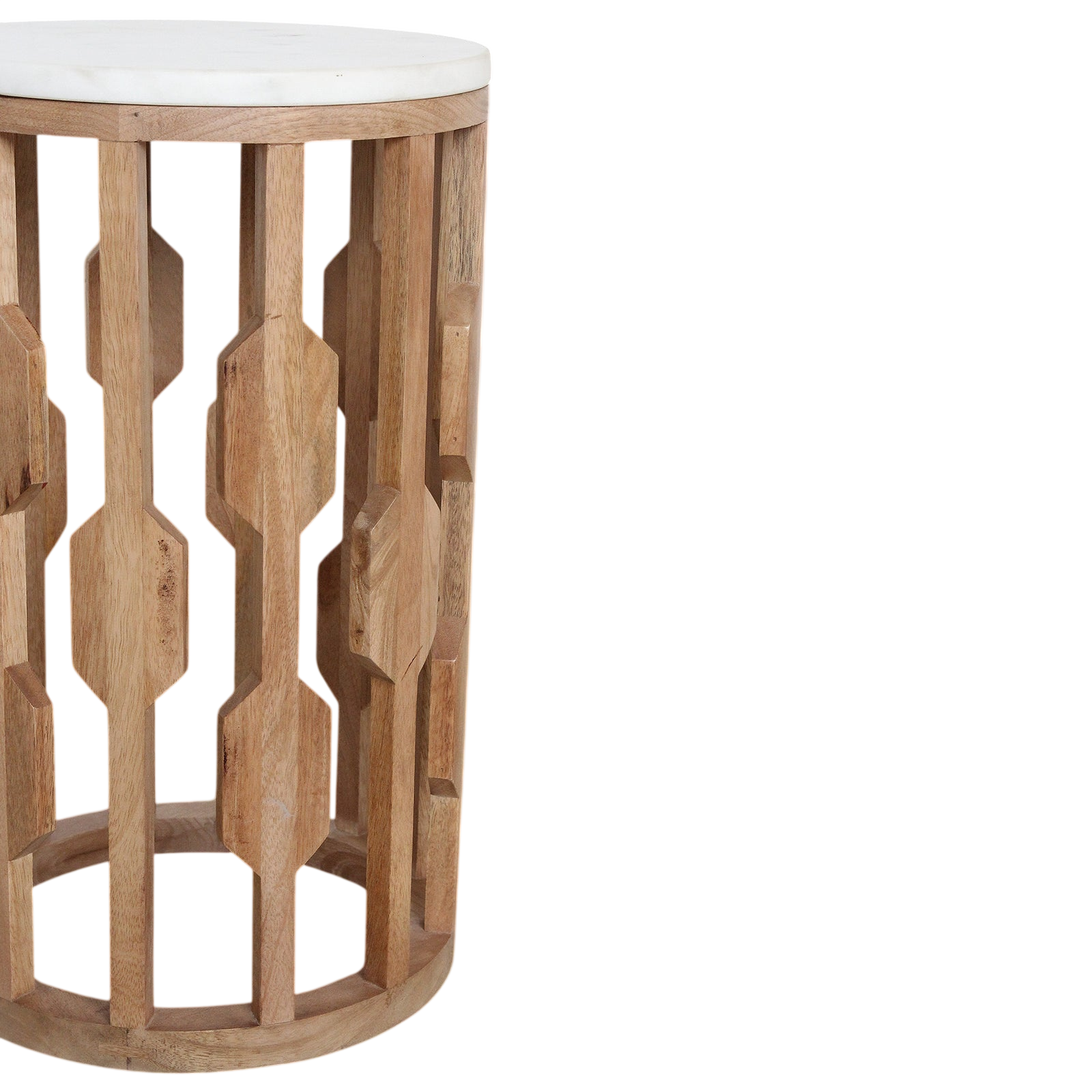 Table d’appoint marbre blanc et bois sculpté ajouré – Ø40 cm